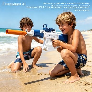 ВодянойпистолетAK47имеетрадиусдействияоколо10метров,размер63,4*21,7см,материал:пластик/электронныекомпоненты