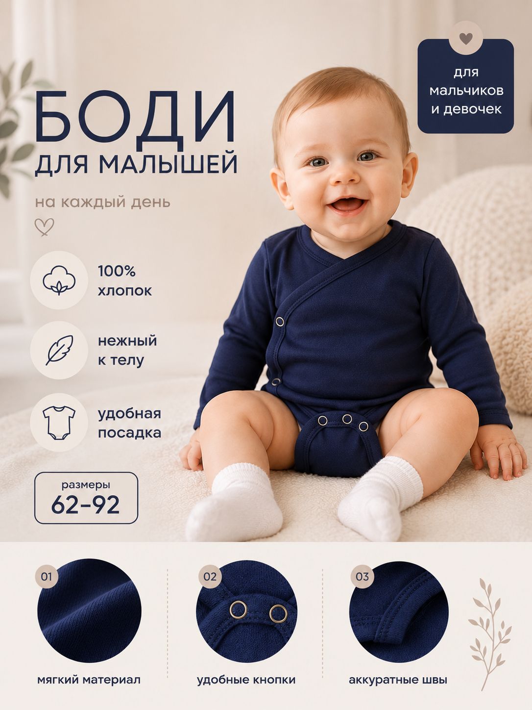 Боди детское для мальчиков для девочек MINAKU темно-синий, рост 86-92 см