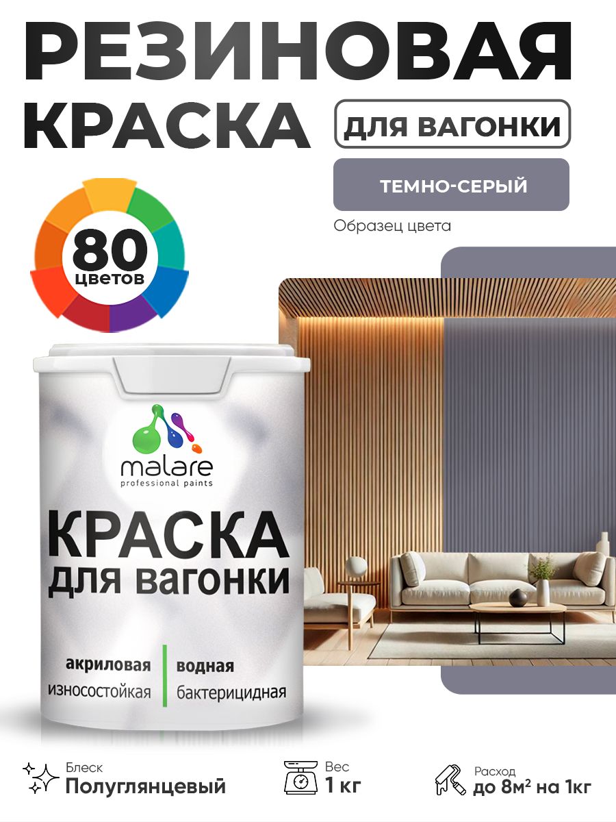 Резиновая краска для вагонки Malare для дерева, для фасадов и интерьера с антисептическим эффектом, быстросохнущая, без запаха, полуглянцевая, темно-серый, 1 кг