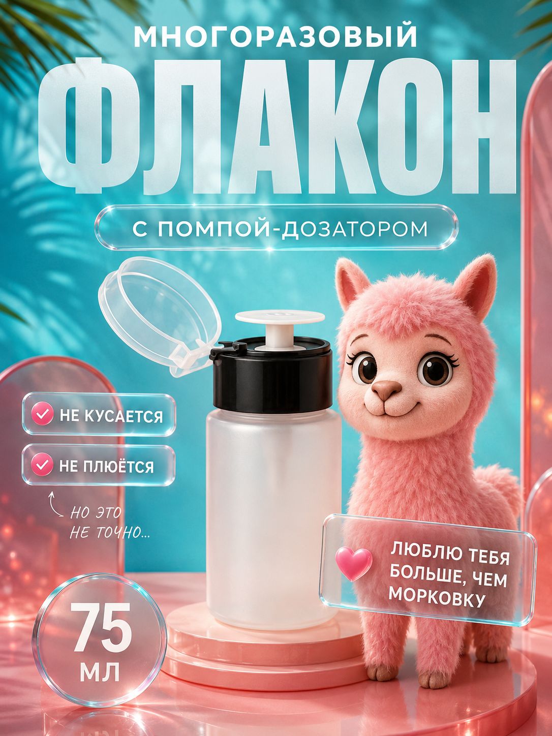 Флакон-дозатор 75 мл Помпа для спирта, антисептика, косметики и жидкостей (черный/прозрачный)