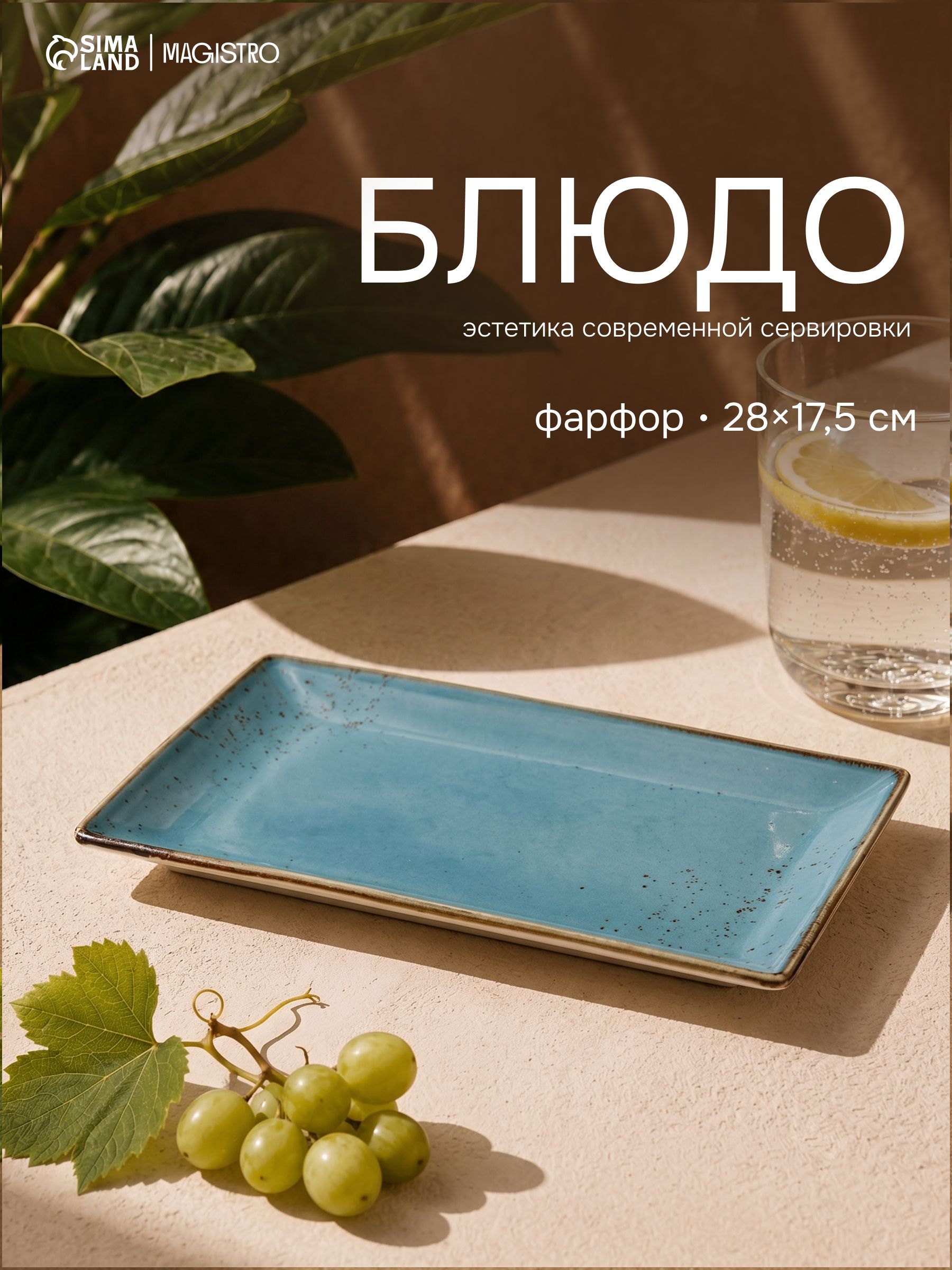 Блюдо сервировочное 28х17,5 см, Magistro "Церера", фарфоровое, голубое