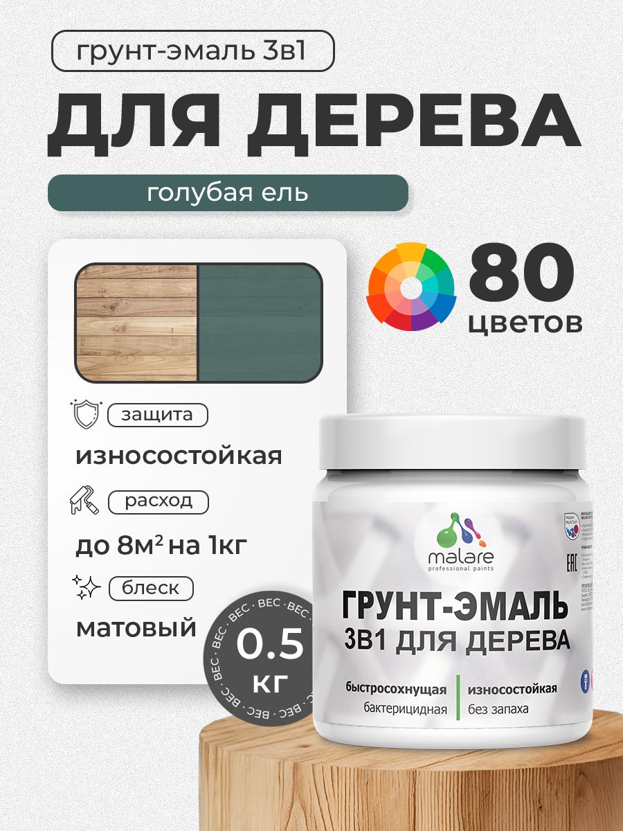 Акриловая Грунт-Эмаль 3 в 1 Malare для деревянных поверхностей с антисептическим эффектом, быстросохнущая, моющаяся без запаха матовая, голубая ель, 0.5 кг