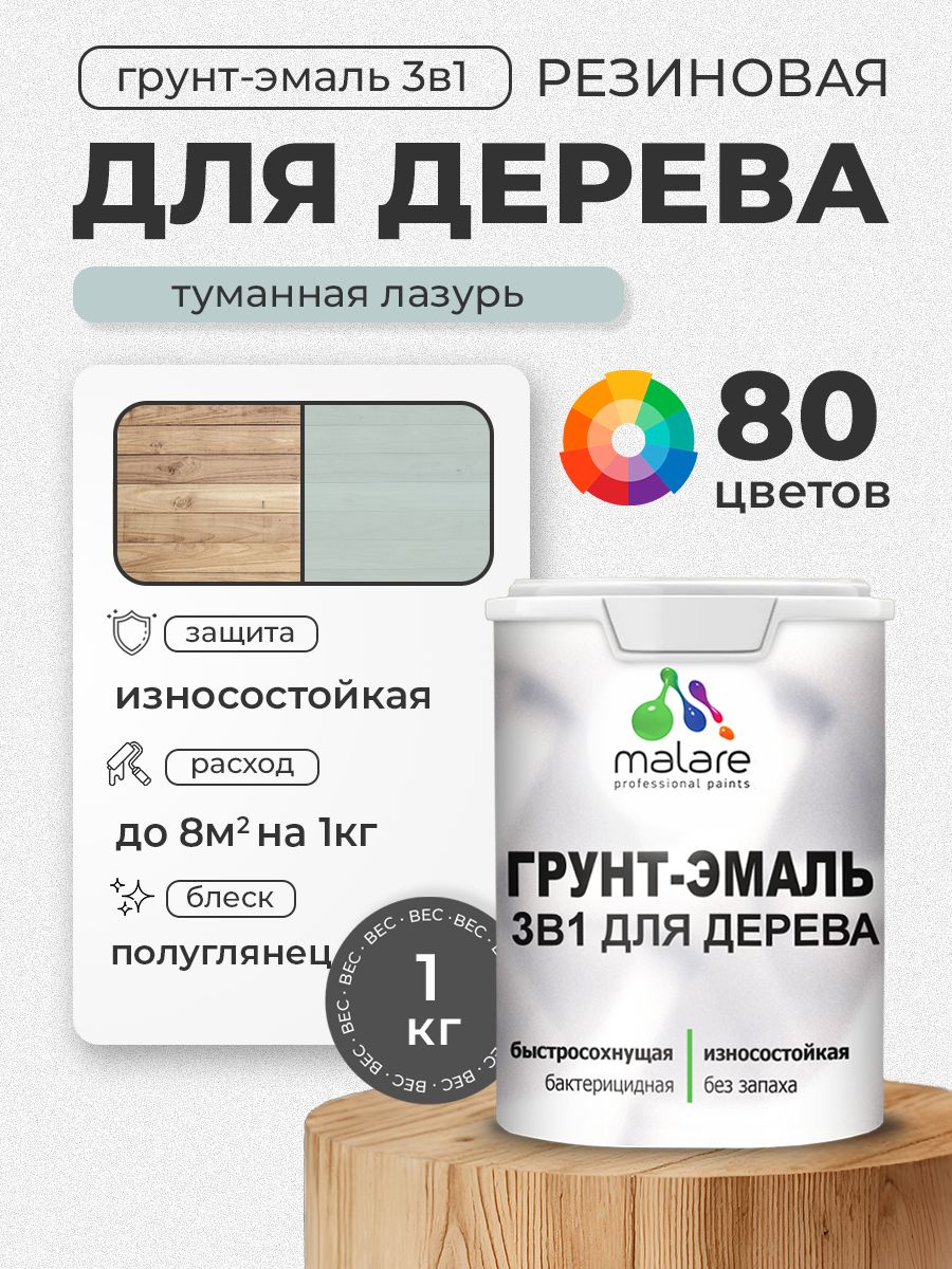 Латексная Грунт-Эмаль 3 в 1 Malare для деревянных поверхностей с антисептическим эффектом, быстросохнущая моющаяся без запаха полуглянцевая, туманная лазурь, 1 кг
