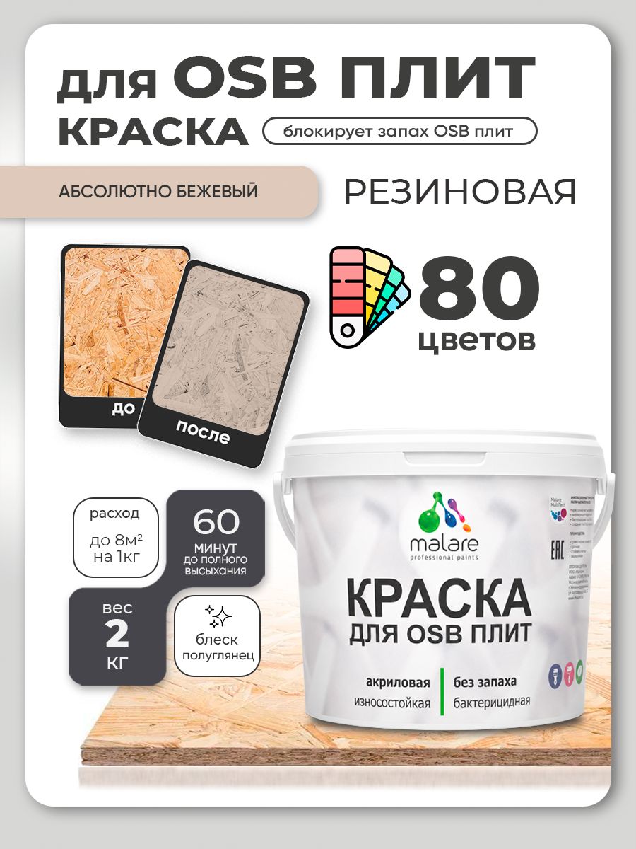 Резиновая краска для ОСБ плит Malare акриловая краска для дерева для наружных и внутренних работ, быстросохнущая без запаха полуглянцевая, абсолютный бежевый, 2 кг