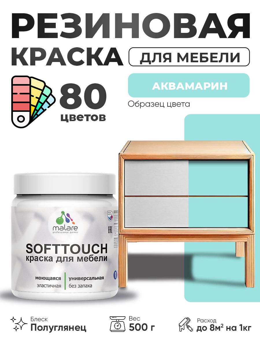 Резиновая краска для мебели Malare SoftTouch для кухонных фасадов для дерева и МДФ, моющаяся быстросохнущая, полуглянцевая, аквамарин, 0.5 кг.