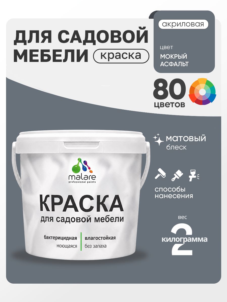Акриловая краска Malare для садовой мебели/ по дереву, для наружных и внутренних работ/ быстросохнущая моющаяся без запаха матовая, мокрый асфальт, 2 кг