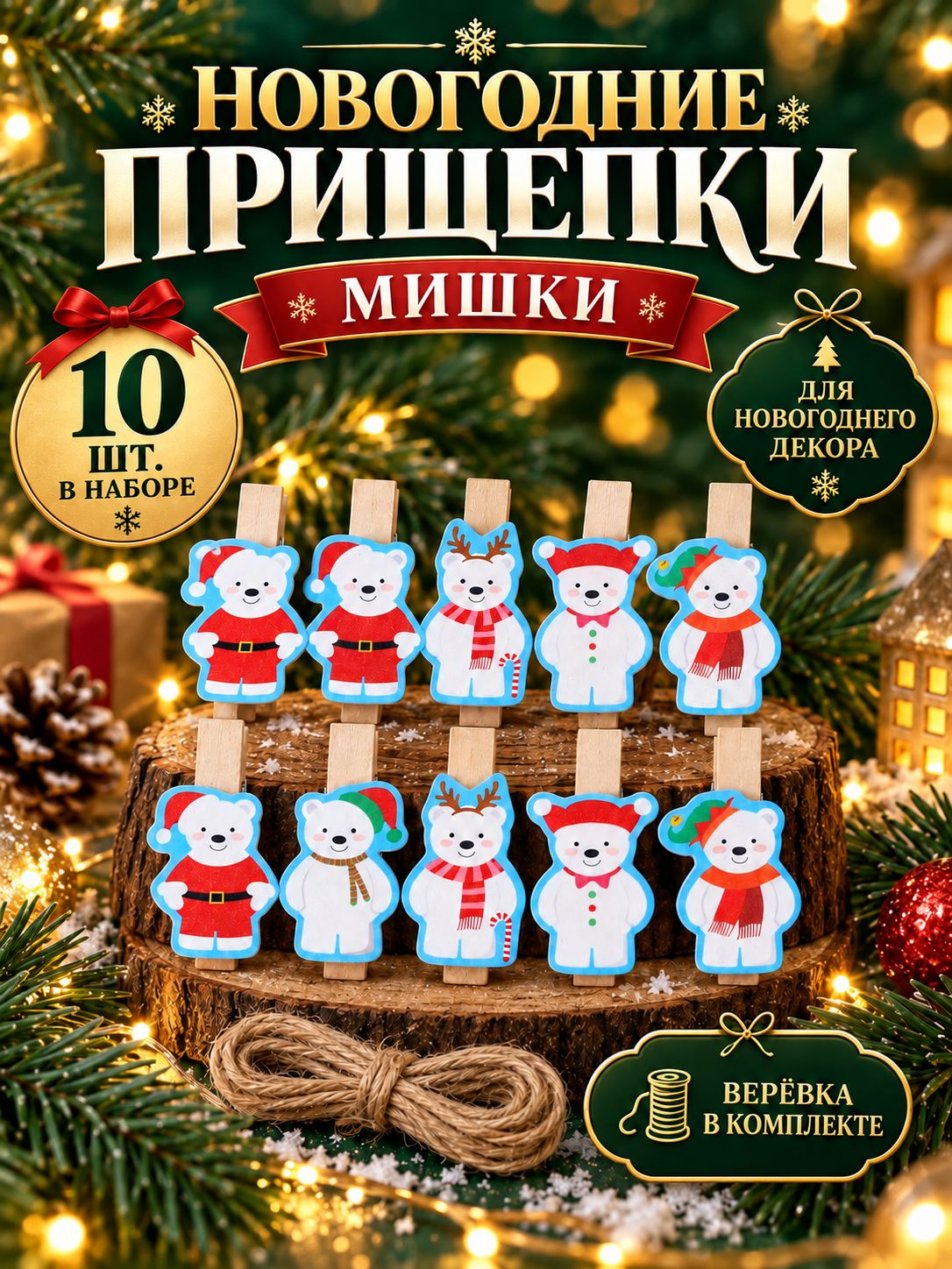 Прищепки декоративные, 10 штук, "Новогодние мишки", 4 см, деревянные прищепки
