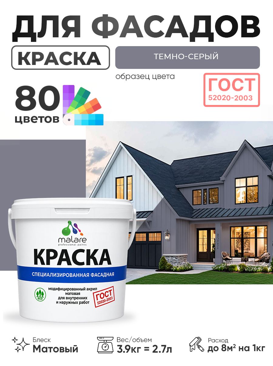 Краска фасадная для наружных работ Malare "ГОСТ" для дерева, камня и кирпича, по бетону и штукатурке, УФ-стойкая быстросохнущая без запаха, матовая, темно-серый, (2.7л - 3.9кг)