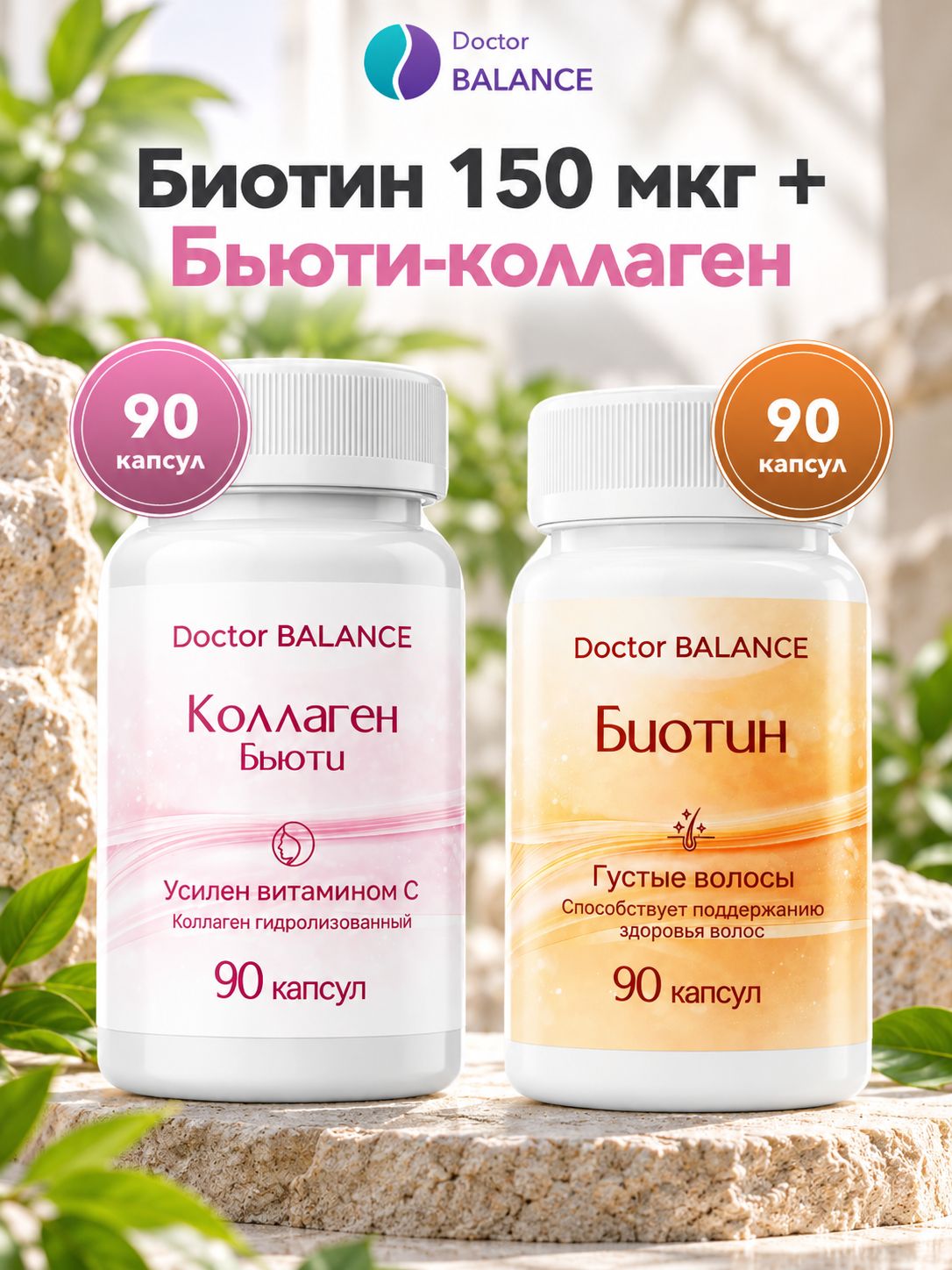 Набор Doctor Balance: Биотин 150 мкг 90 + Бьюти-коллаген для кожи, волос и ногтей 90