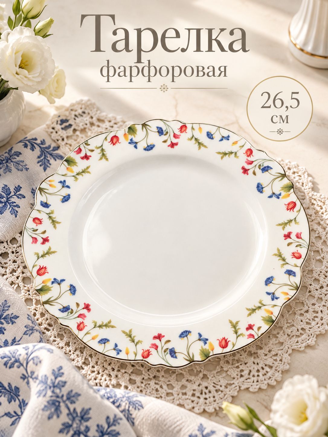 Тарелка плоская 26,5 см, WY "Flowers song", премиум-фарфор, обеденная, сервировочная