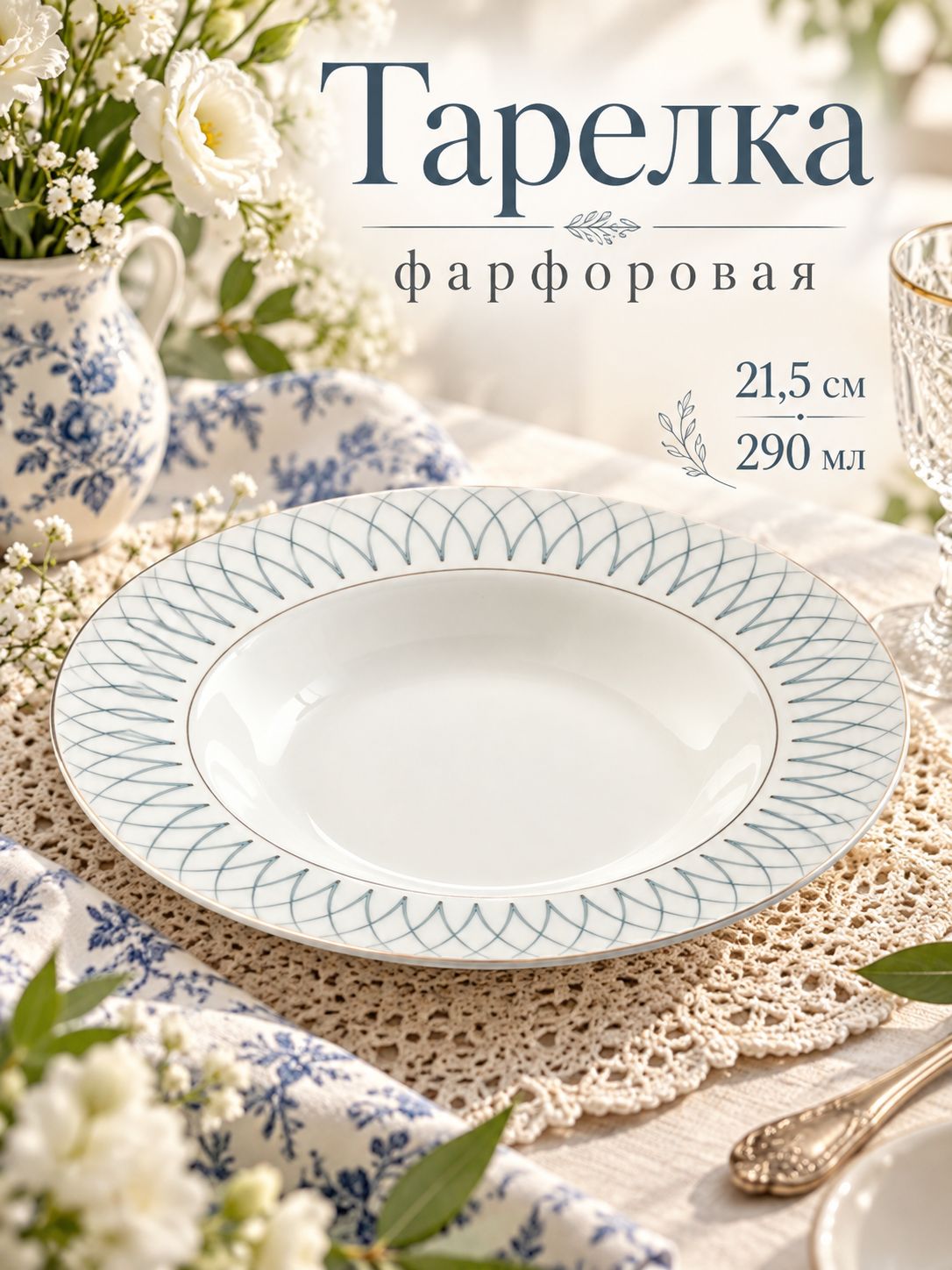 Тарелка глубокая 290 мл, 21,5 см, WY Royal bird, премиум-фарфор, обеденная, сервировочная