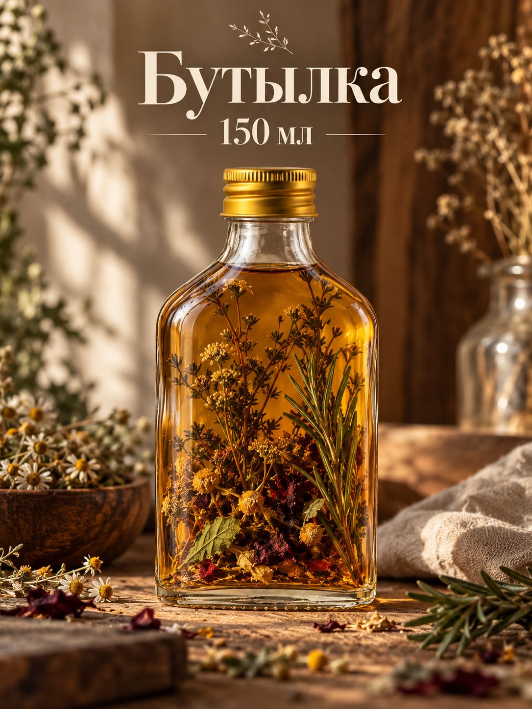 Бутылка 150 мл, с металлической крышкой, стеклянная, прозрачная
