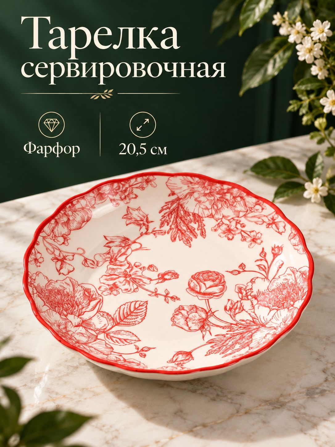 Тарелка плоская с бортиками 20,5 см, "Botanica", сервировочная, фарфоровая