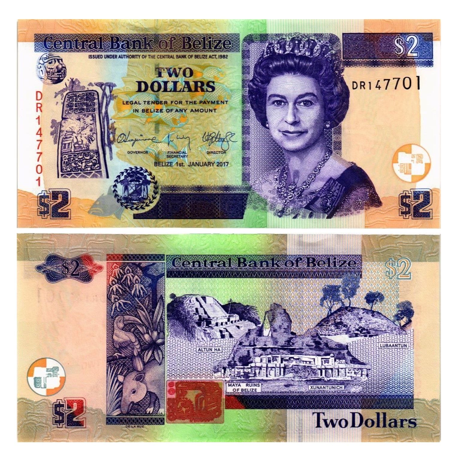 БанкнотаБелиз2доллара2017г.,UNC-КоролеваЕлизаветаII