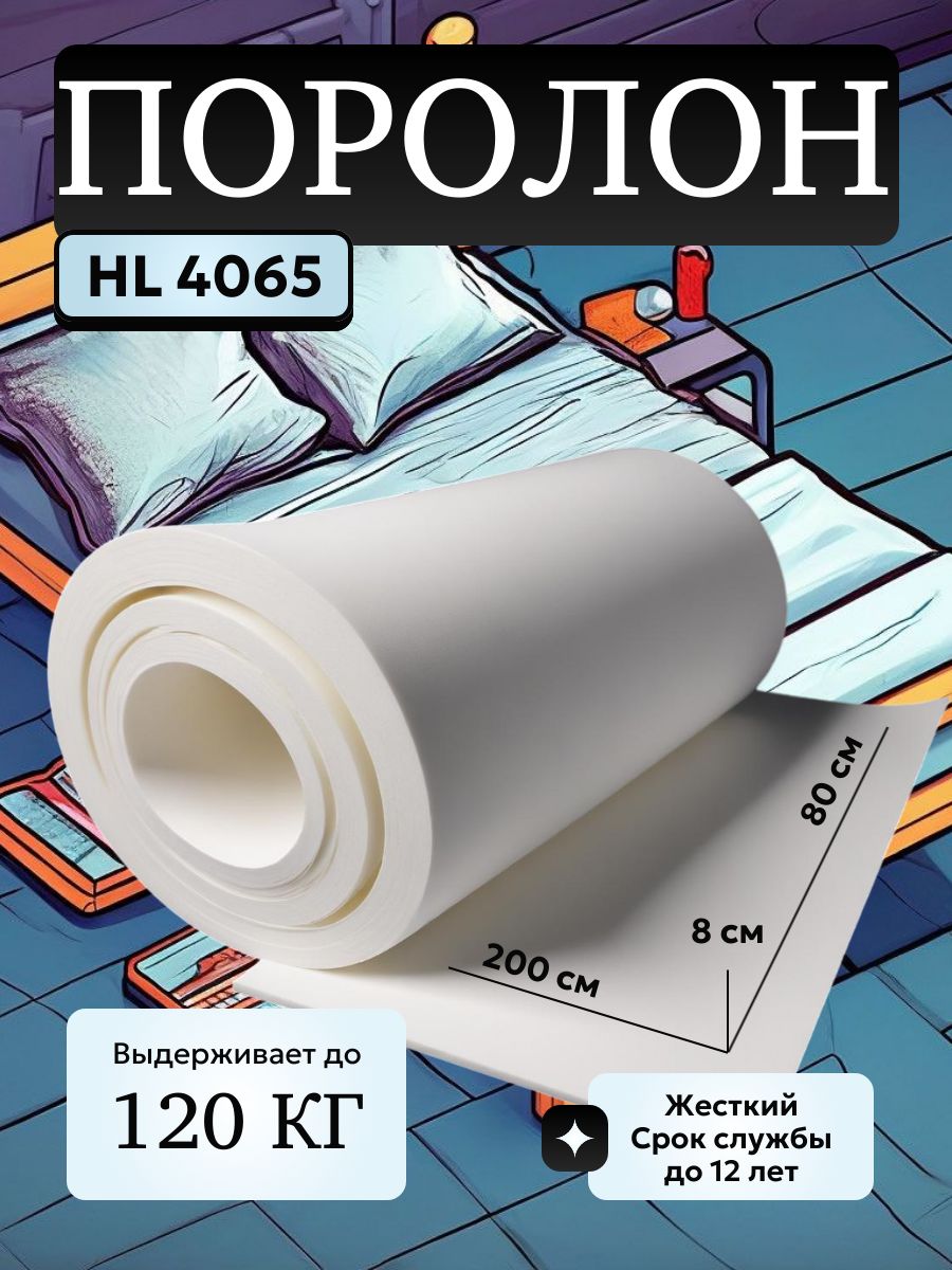 Поролонмебельный8смHL4065,80х200см,плотность40кг/м3,плотныйижесткийпенополиуретандлямебелииматрасов,2шт.