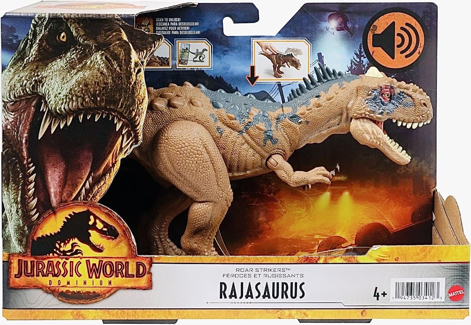 Мир Юрского периода: Jurassic World Dominion: Фигурка динозавра - Нападающий Раджазавр с реалистичными звуками и атакой, 33 см