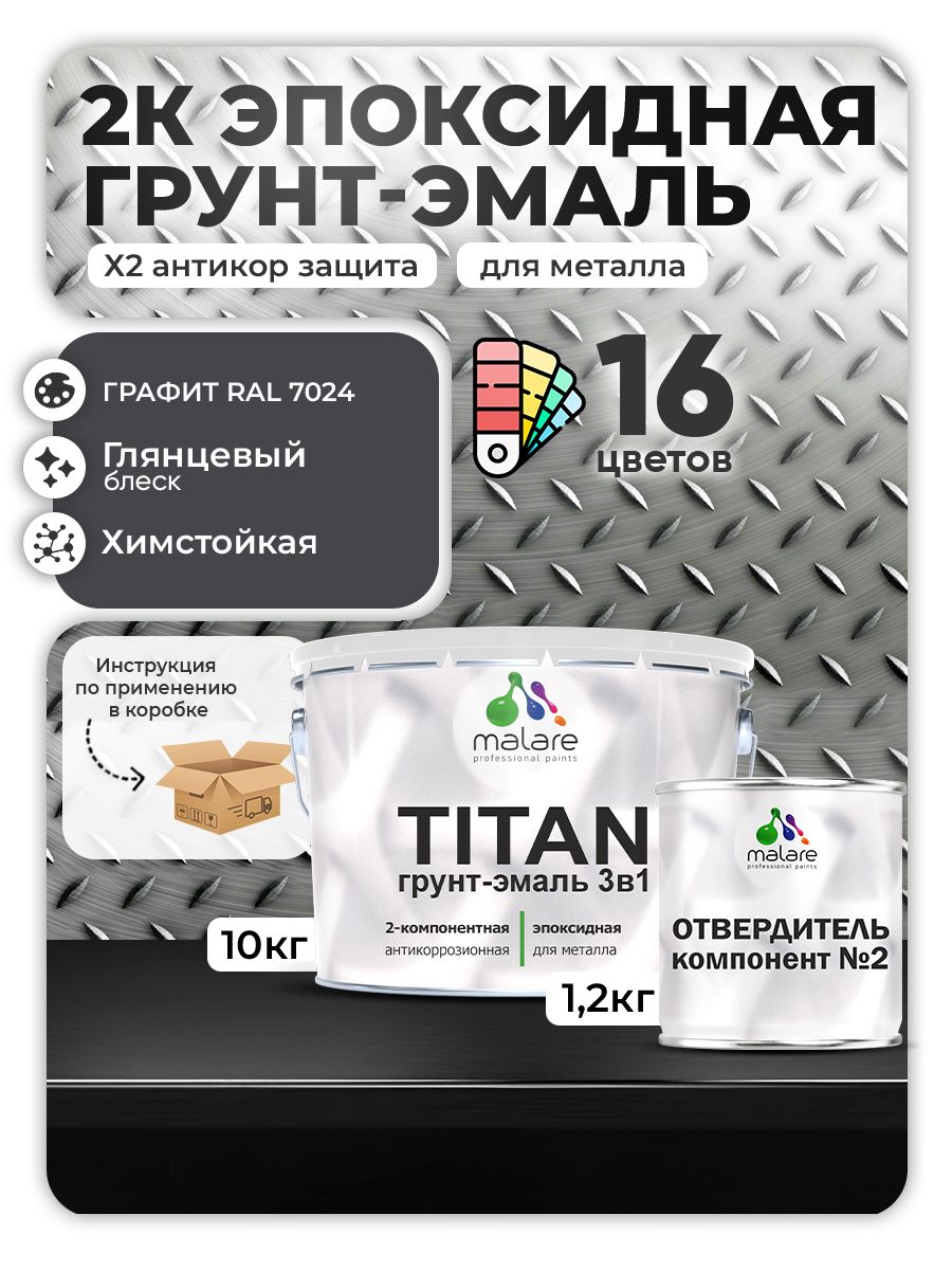 2К Эпоксидная грунт-эмаль Malare TITAN по металлу, двухкомпонентная для агрессивных сред и экстремальных условий, износостойкая, RAL 7024 графитово-серый, глянцевая, (10 кг + 1,2кг отвердитель)