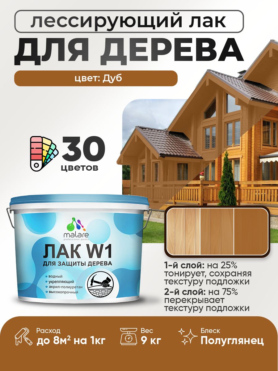 Лак колерованный тонирующий для дерева Malare W1 для деревянных и минеральных поверхностей, моющийся без запаха быстросохнущий, полуглянцевый, дуб, 9 кг.