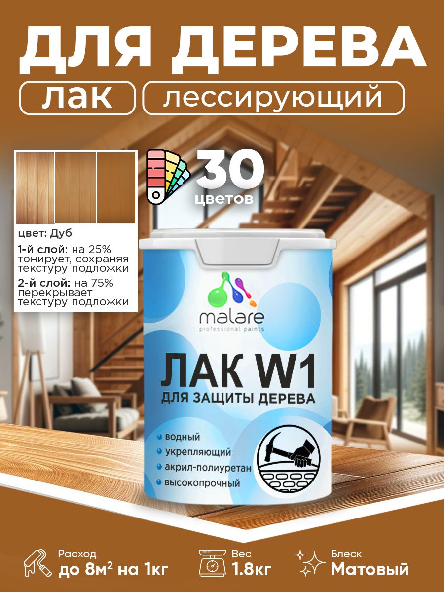 Лак колерованный тонирующий для дерева Malare W1 для деревянных и минеральных поверхностей, моющийся без запаха быстросохнущий, матовый, дуб, 1.8 кг.