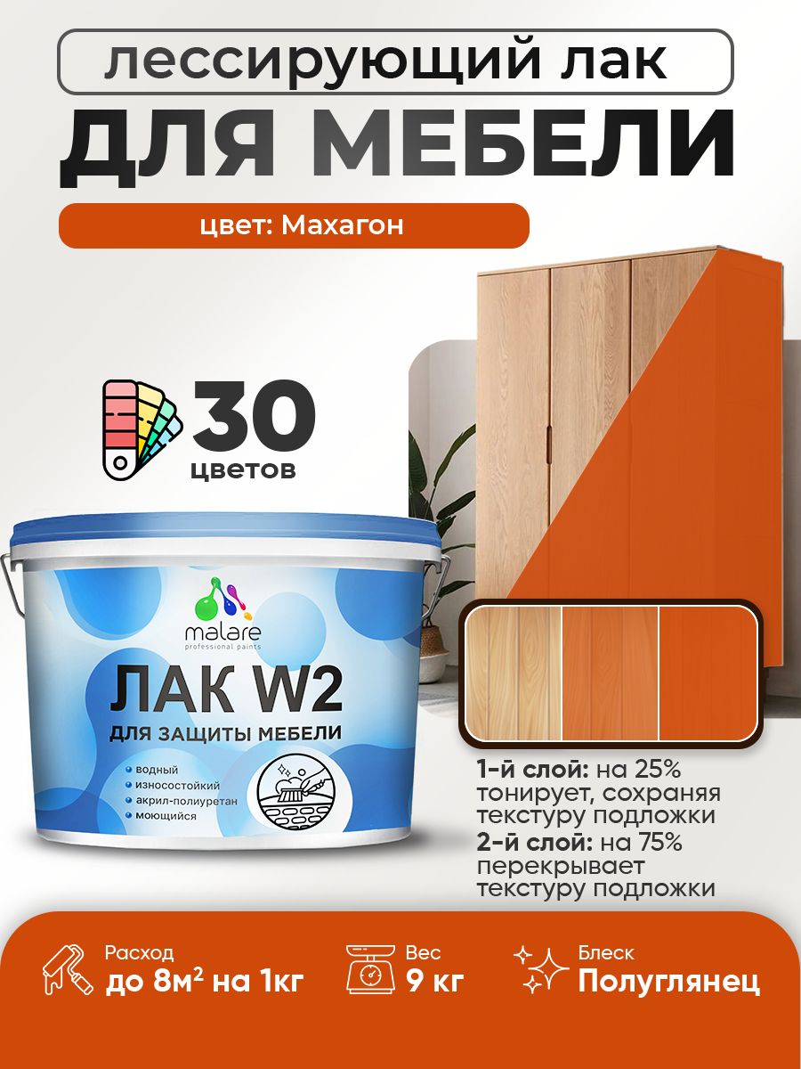 Лак колерованный тонирующий лак для мебели Malare W2 для кухонных фасадов, для дерева и минеральных поверхностей, акриловый быстросохнущий без запаха, полуглянцевый, махагон, 9 кг.