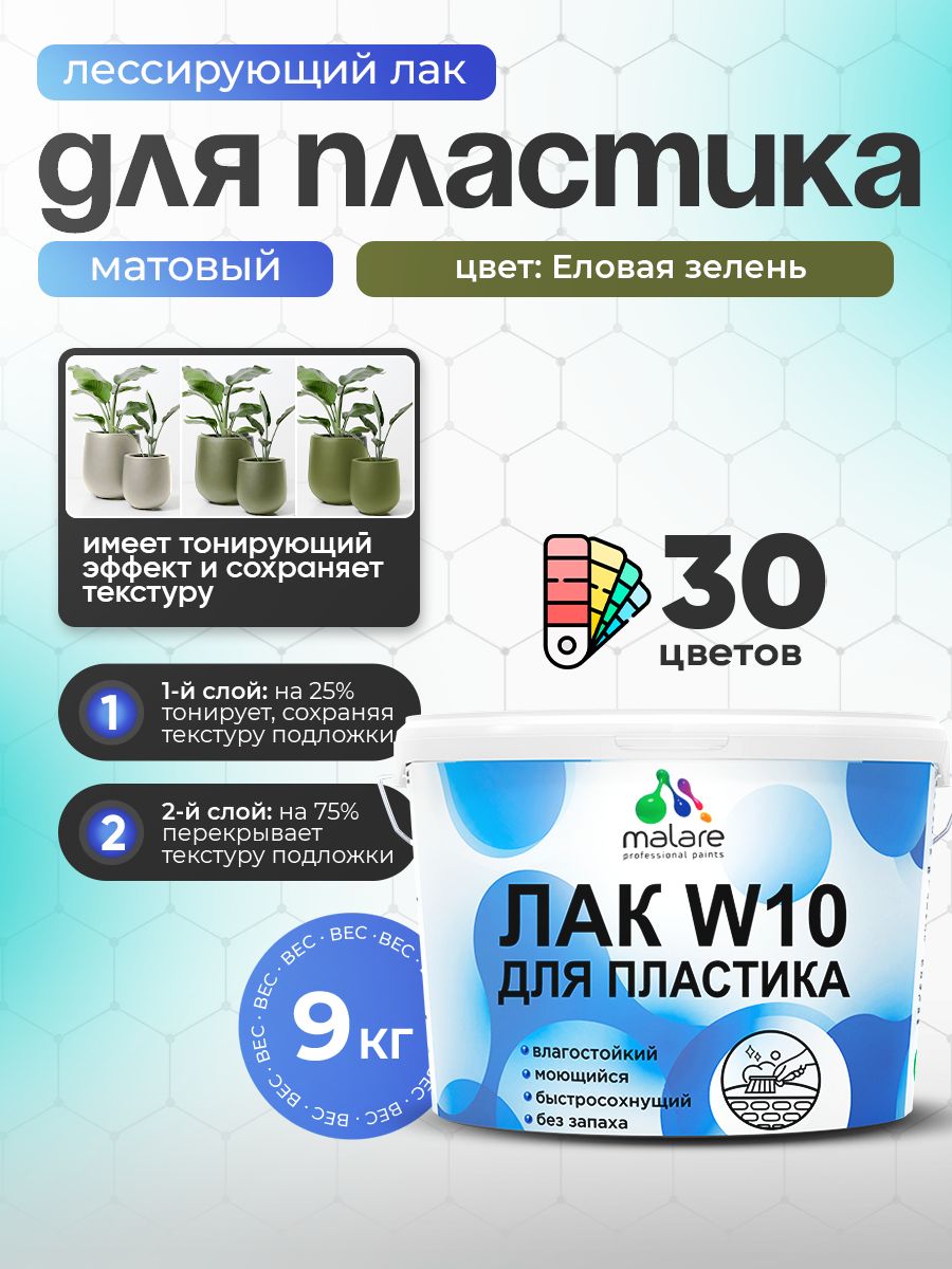Лак колерованный тонирующий для защиты пластика Malare W10 акриловый моющийся быстросохнущий, матовый, еловая зелень, 9 кг.