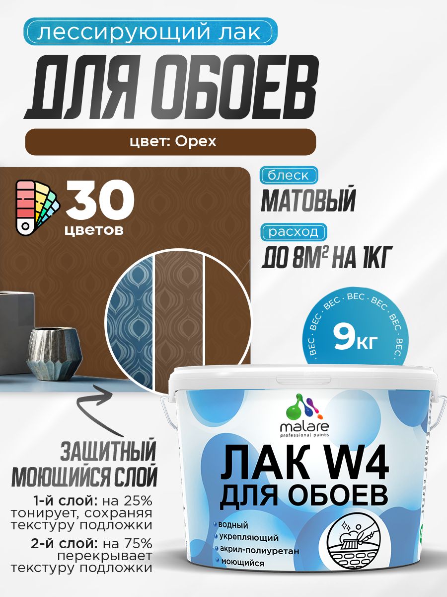 Лак колерованный тонирующий для защиты обоев Malare W4 универсальный для дерева и минеральных поверхностей, водный без запаха быстросохнущий, матовый, орех, 9 кг.