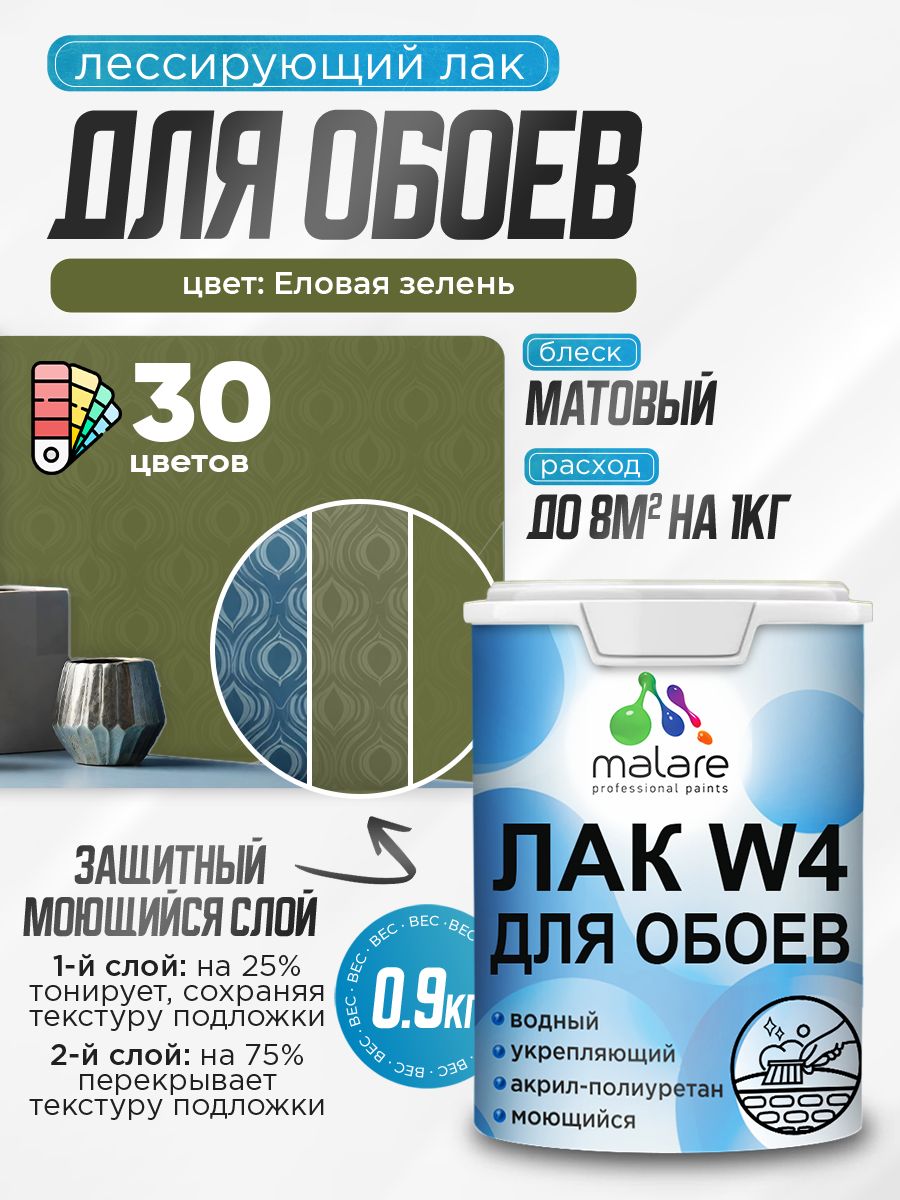 Лак колерованный тонирующий для защиты обоев Malare W4 универсальный для дерева и минеральных поверхностей, водный без запаха быстросохнущий, матовый, еловая зелень, 0.9 кг.