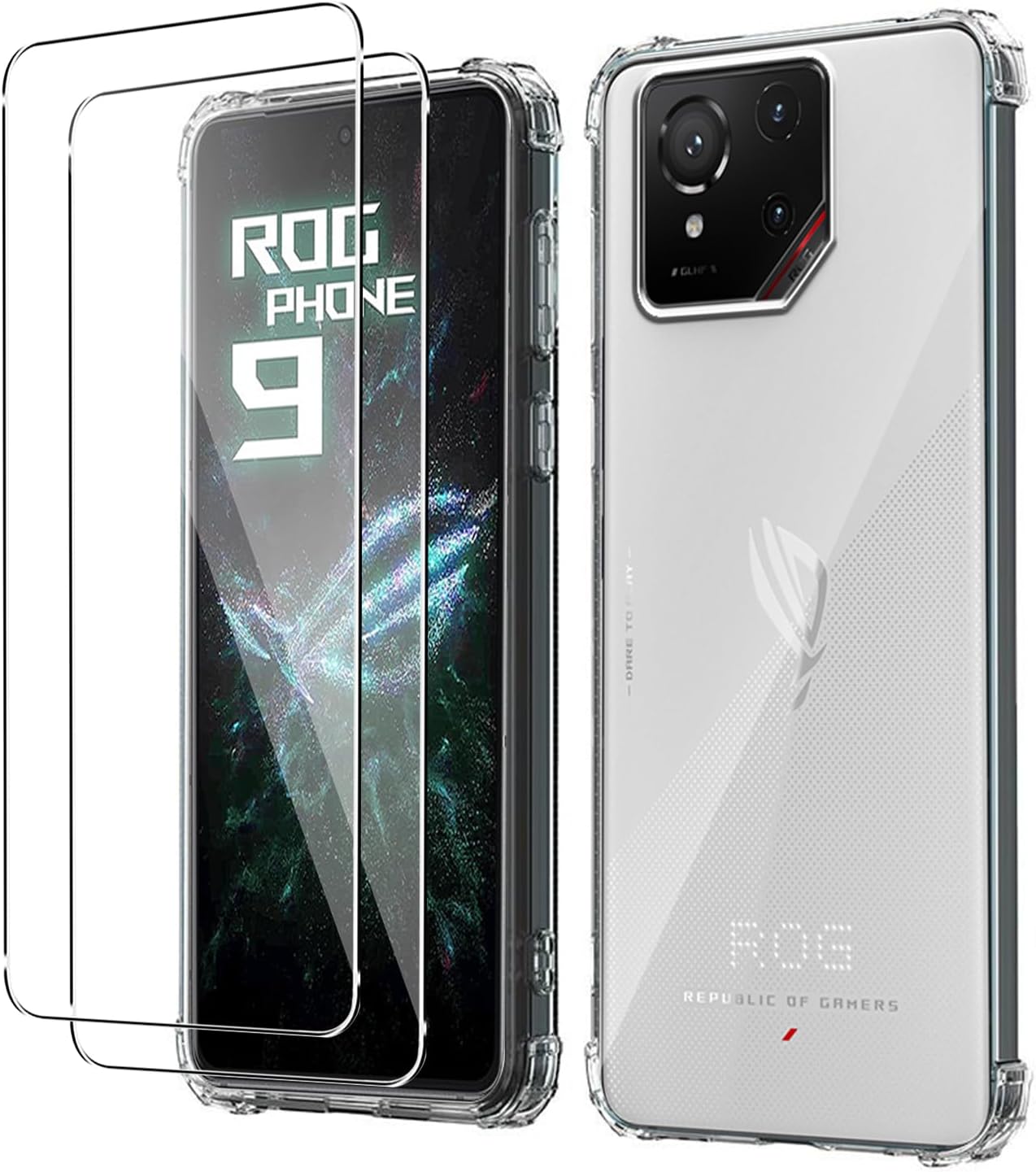 ЧехолдляAsusROGPhone9/ROGPhone9Pro(АсусРогФон9/РогФон9Про)+2xзащитнаяпленкаиззакаленногостекладляэкрана,антивибрационныйискользящийсиликоновыйбампер(6.75дюйма)