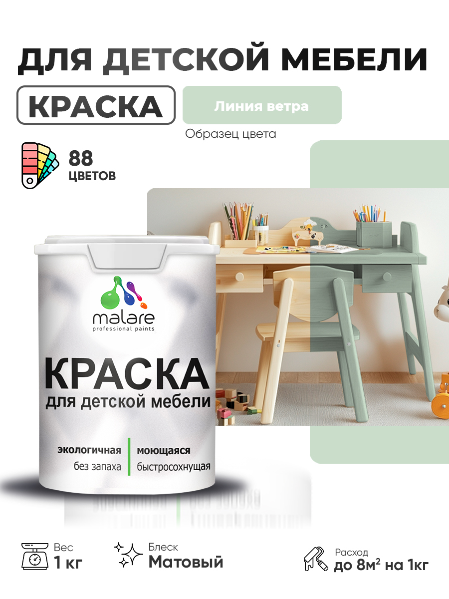 Акриловая краска Malare для детской мебели для кухонных фасадов, мебели из дерева, моющаяся, быстросохнущая без запаха матовая, линия ветра, 1 кг.