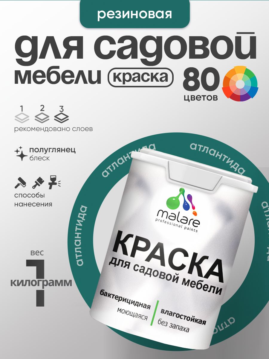 Резиновая краска Malare для садовой мебели/ по дереву, для наружных и внутренних работ/ быстросохнущая моющаяся без запаха полуглянцевая, атлантида, 1 кг