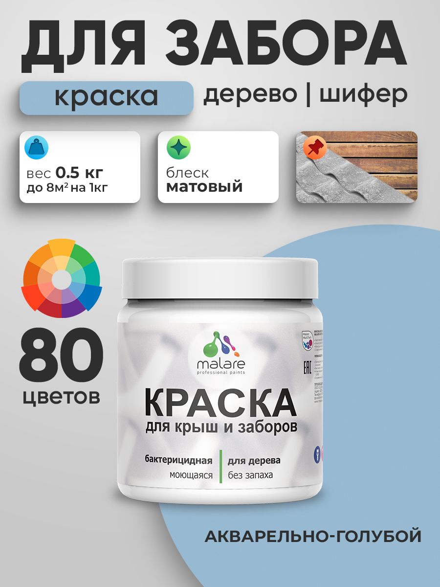 Акриловая краска Malare для деревянного забора/ по дереву для наружных и внутренних работ/ быстросохнущая моющаяся без запаха, матовая, акварельно-голубой, 0.5 кг.