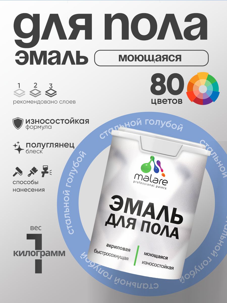 Эмаль для пола акриловая Malare краска для бетонных полов по дереву/ износостойкая без запаха, быстросохнущая моющаяся полуглянцевая, стальной голубой, 1 кг