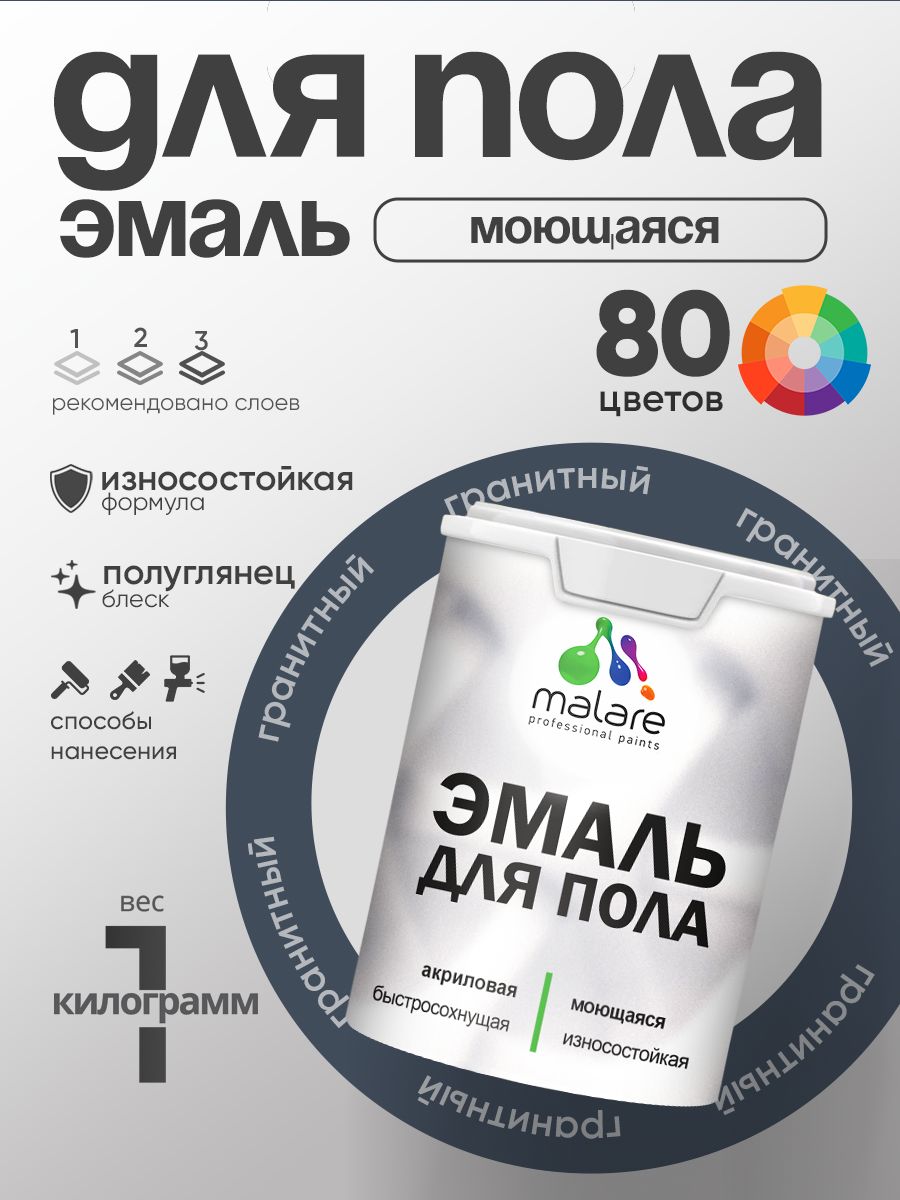 Эмаль для пола акриловая Malare краска для бетонных полов по дереву/ износостойкая без запаха, быстросохнущая моющаяся полуглянцевая, гранитный, 1 кг