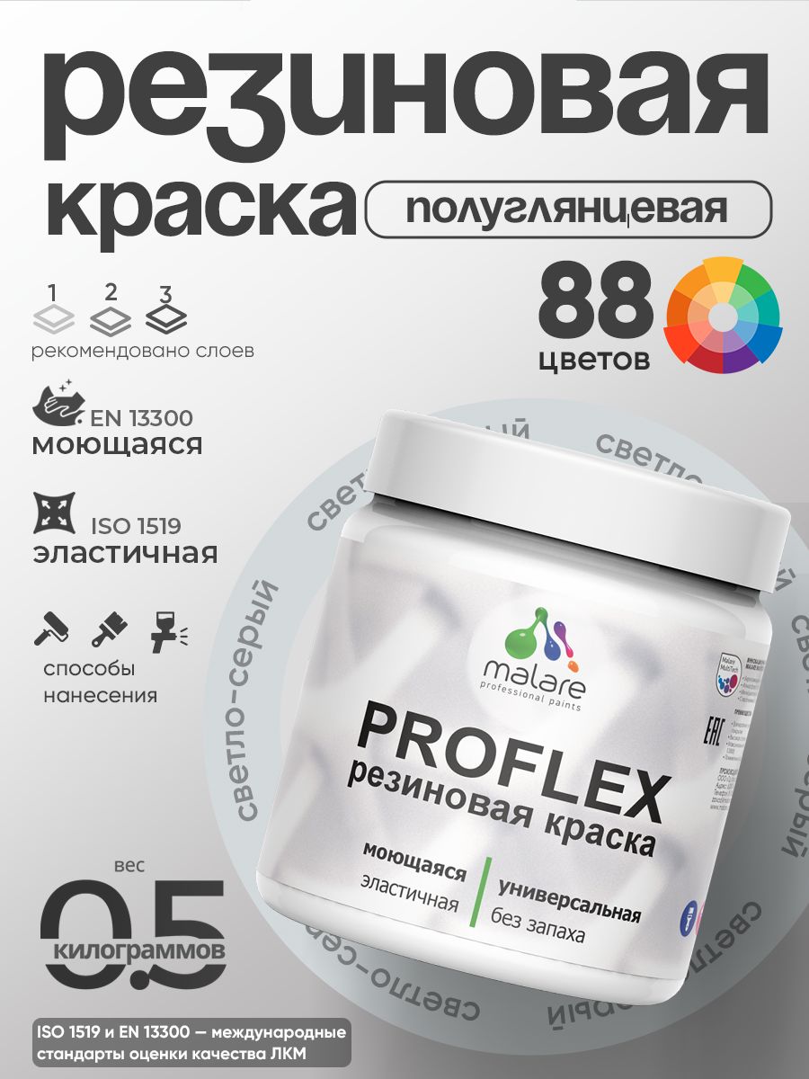 Краска резиновая Malare ProfleX (серия "Пастельные тона") жидкая резина для наружных и внутренних работ, быстросохнущая моющаяся, полуглянцевая, светло-серый, 0.5 кг
