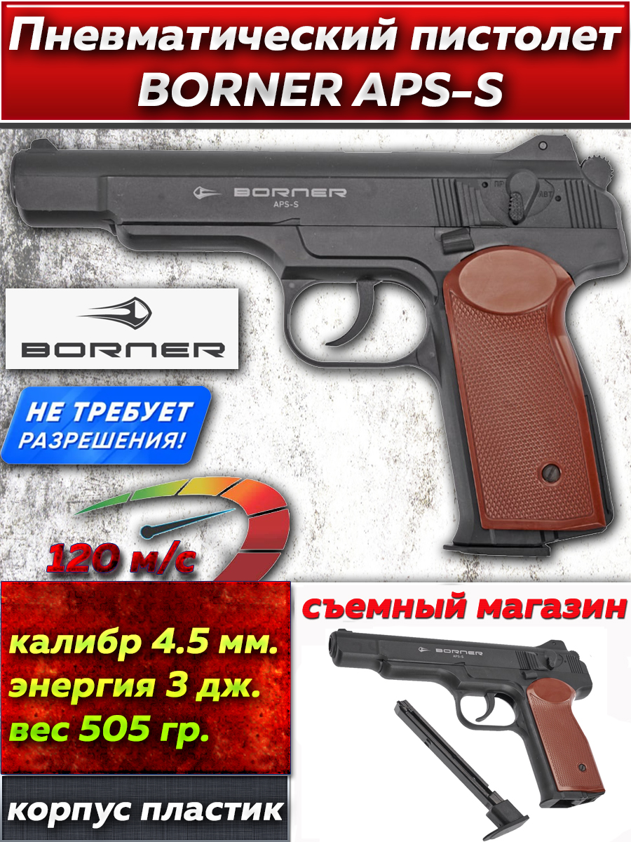ПистолетпневматическийBORNERAPS-SBlack,кал.4,5мм(пластик)/BBs