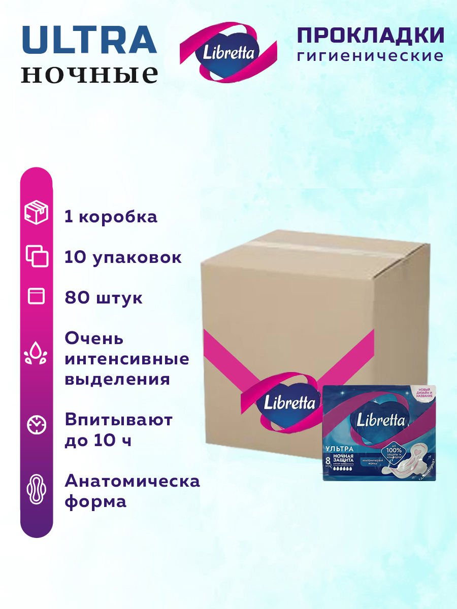 ПрокладкиженскиедлякритическихднейLibretta(Либресс)УльтраНочные80штук10упаковок.