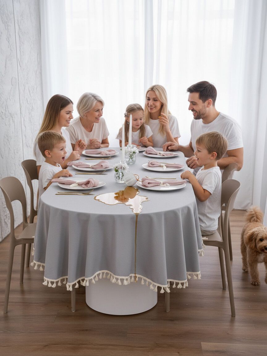 Скатерть на стол тканевая ЦветиМир, водоотталкивающая, 150х200 см , хлопок, овальная, светло-серая, праздничная