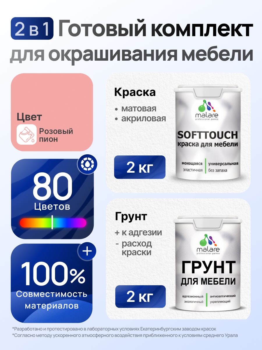 Комплект Malare SoftTouch для окрашивания мебели (2кг грунт + 2кг краска) акриловый без запаха быстросохнущий матовый, цвет розовый пион