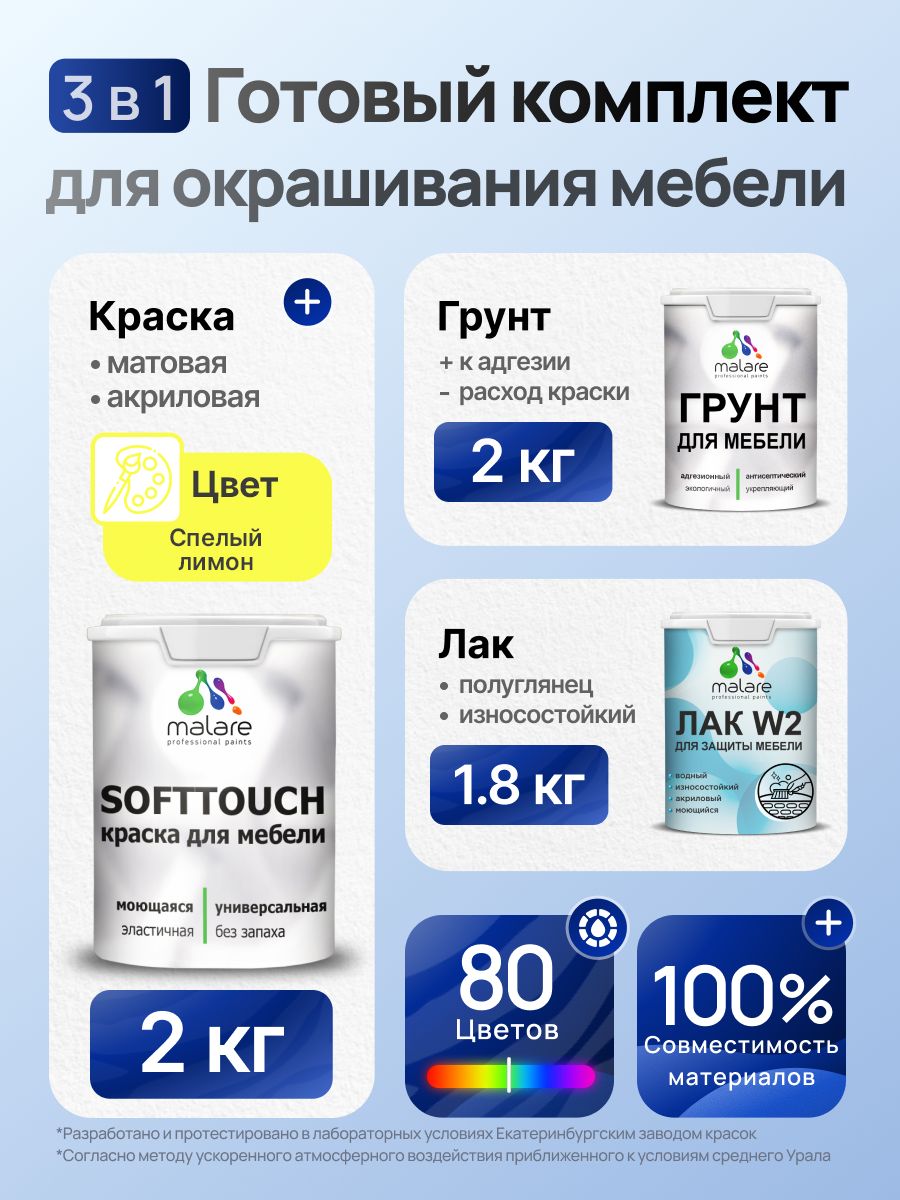 Комплект Malare SoftTouch для окрашивания мебели (2кг грунт + 2кг краска + 1.8кг лак), акриловый, без запаха, быстросохнущий, полуглянцевый, цвет спелый лимон