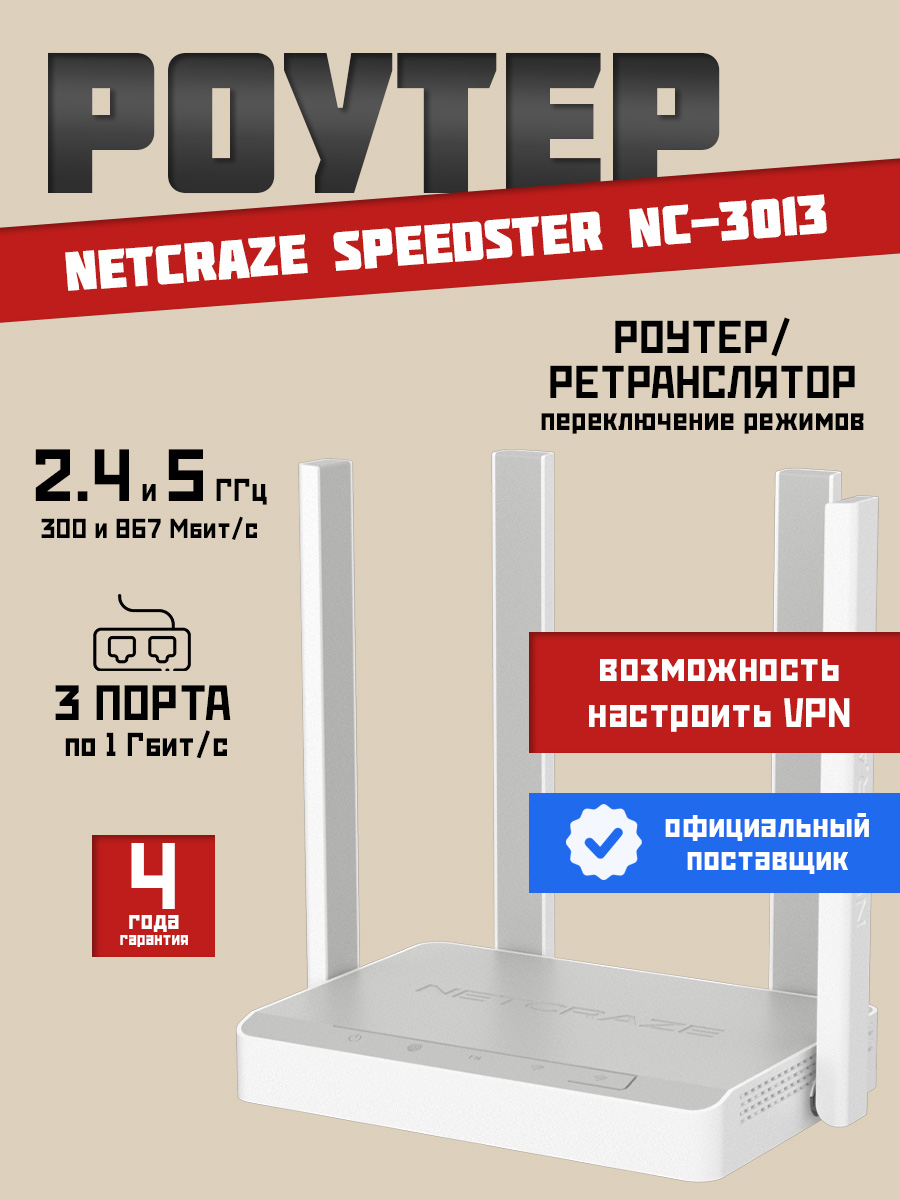 РоутерWi-FiNetcrazeSpeedsterNC-3013до1000Мбит/с,режимроутер/ретранслятор