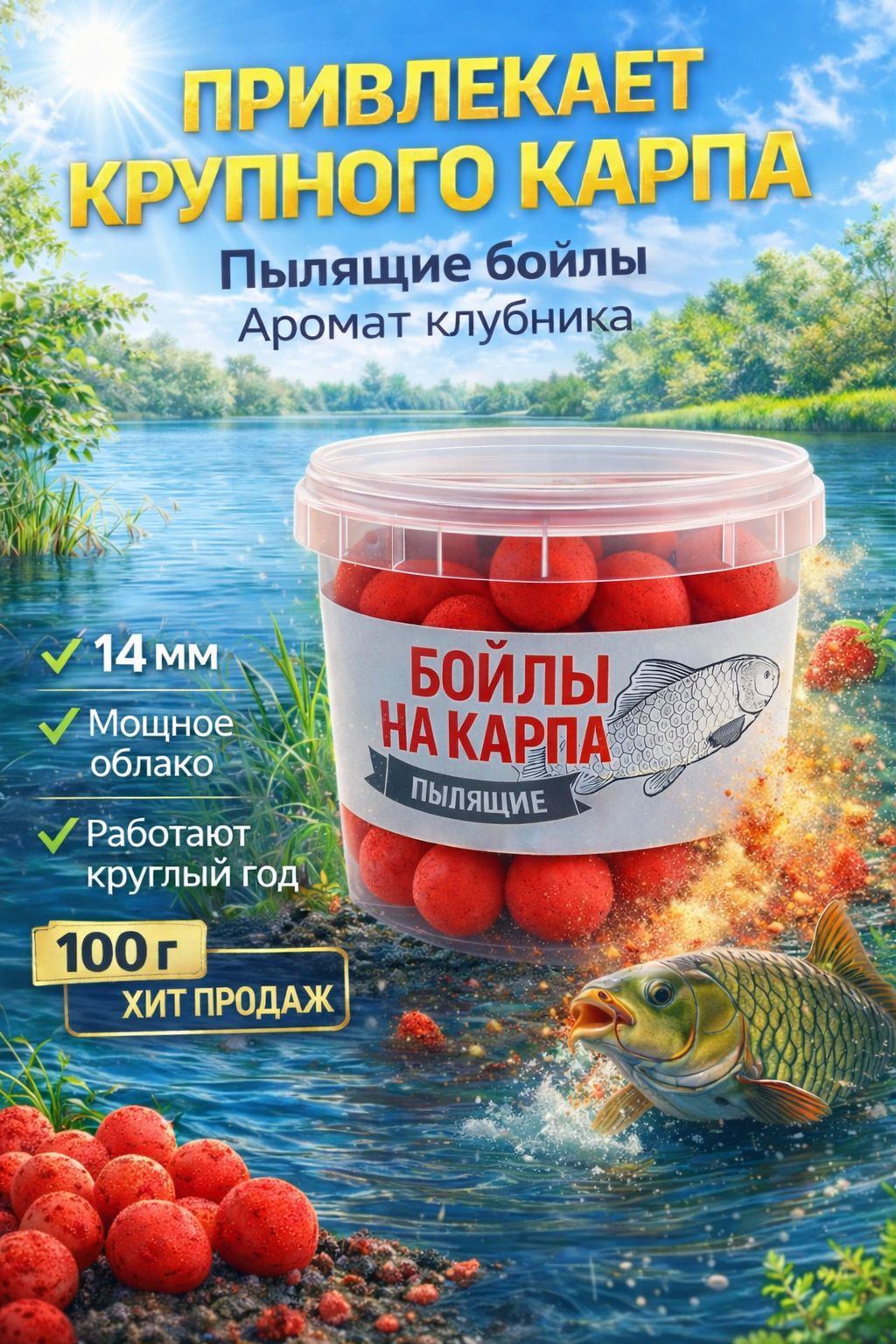 Насадочныебойлы"Клубника"14мм,100гпылящиебойлыдлякарповойрыбалки