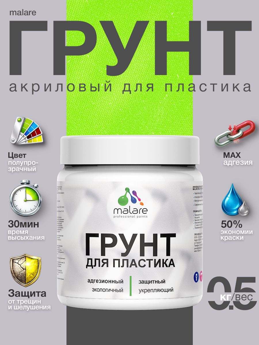 Грунт для пластика Malare акриловый адгезионный, без запаха быстросохнущий, полупрозрачный, 0.5 кг.