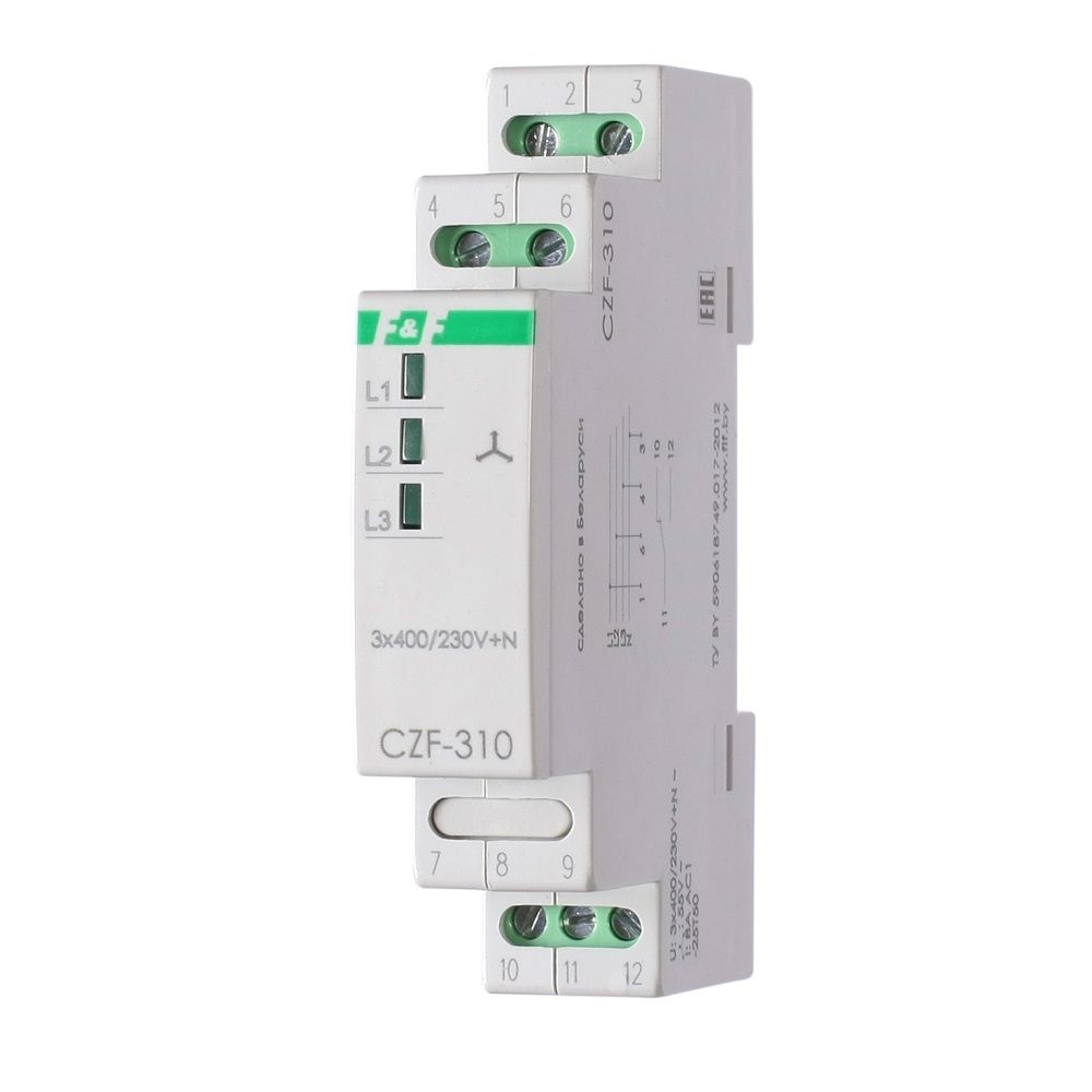 Реле контроля фаз Евроавтоматика F&F CZF-310, 3х400/230+N 8А 1NO/NC IP20 /Асимметрия 55В, 1 модуль, монтаж на DIN-рейке