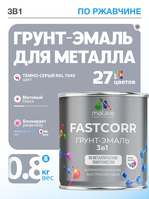 Грунт-эмаль по ржавчине 3 в 1 Malare FastCorr краска для металла, антикоррозионная износостойкая быстросохнущая RAL 7040, темно-серый, матовая, 0,8 кг.