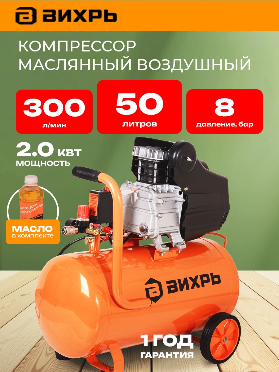 КомпрессорвоздушныйКМП-50/300АМВихрь/(2000Вт,300л/мин,8бар)