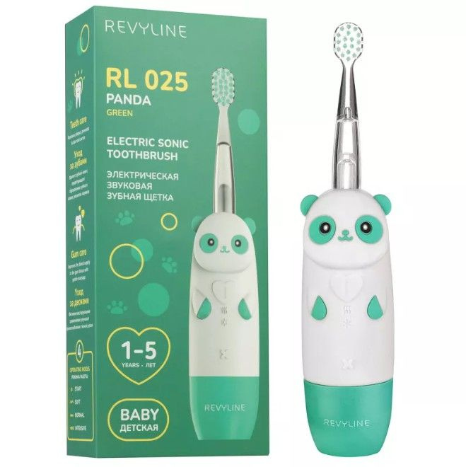 Электрическая зубная щетка Revyline RL 025 Panda детская, от 1 года, зеленая  #1