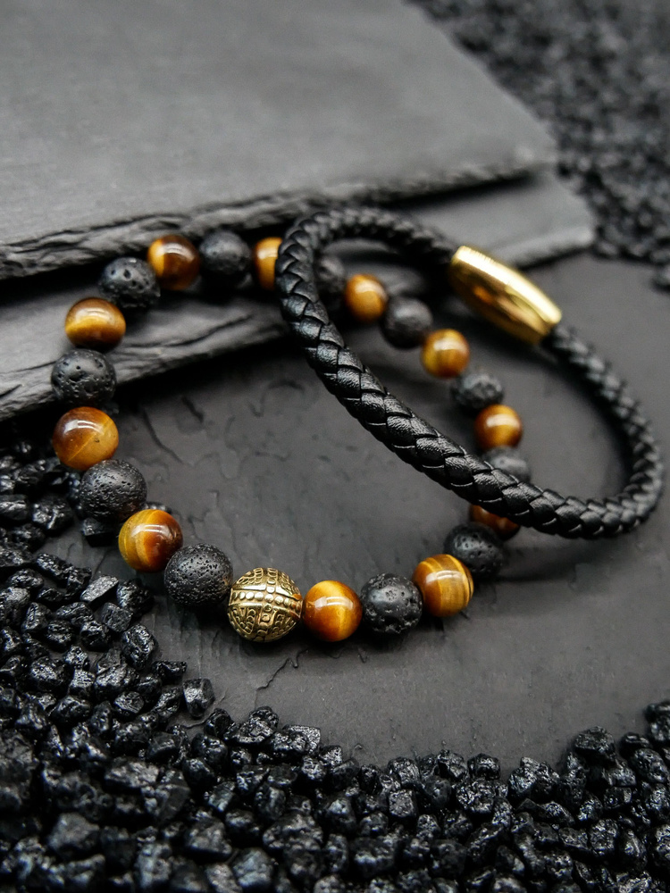 Кожаный браслет из натуральных камней лава тигровый глаз - купить с ...