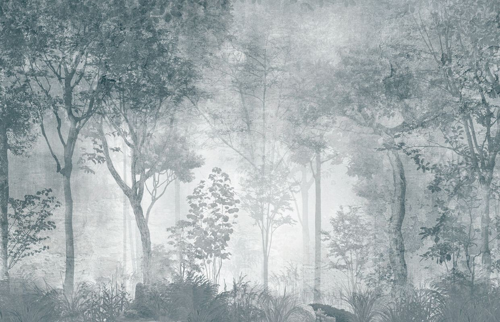 Фотообои флизелиновые на стену 3д GrandPik 10319 Лофт "Лес, деревья в тумане, винтаж, синий" (ШхВ), 420х270 #1