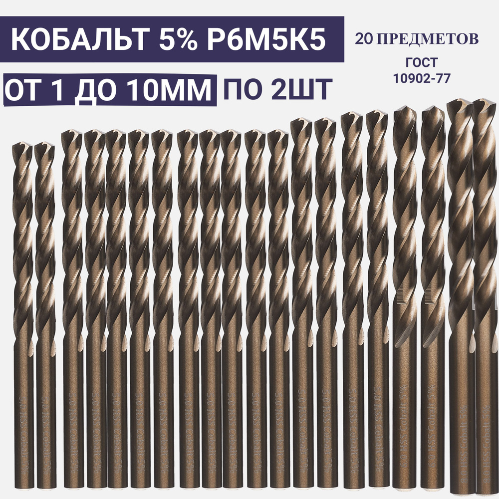 Набор кобальтовых сверл Р6М5К5 от 1 до 10мм по 2шт. #1