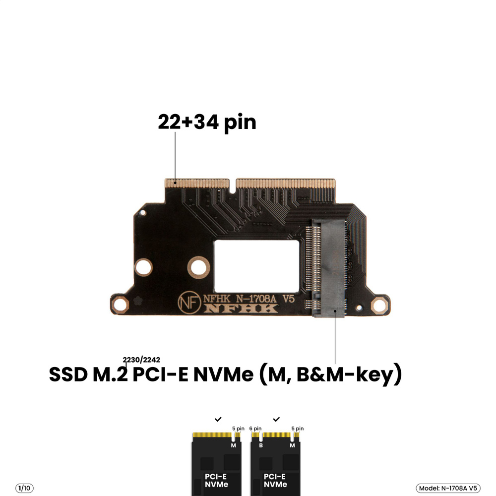 Адаптер-переходник для установки SSD M.2 2230/2242 PCI-E NVMe (M, B&M-key)  в разъем 22+34 pin MacBook Pro 13